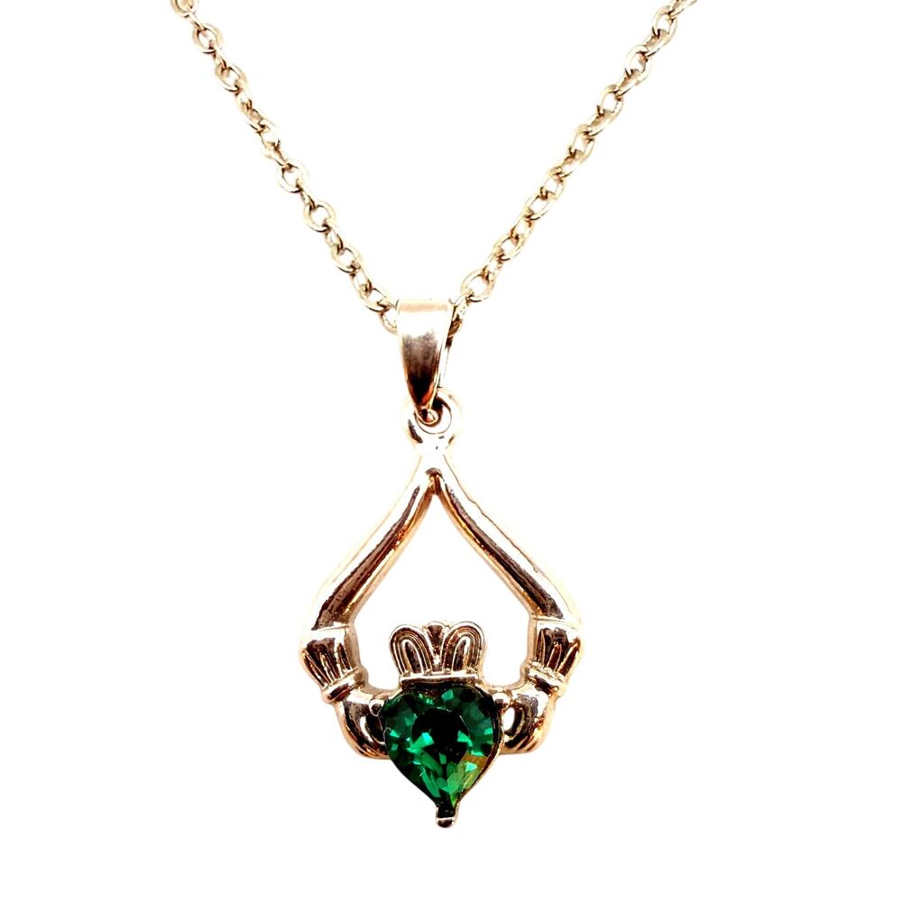 Solvar Silver Plated Irish Green Glass Heart Claddagh Pendant Necklace 18"